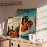 Cuadro collage surrealista con distintos elementos, como girasoles, cielo y una mujer como motivo principal