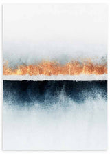 Quadro com composição abstrata de faixas difusas em branco, azul acinzentado, preto e cobre, visual equilibrado com estilo contemporâneo e horizonte sereno. Disponível em kudeko.com