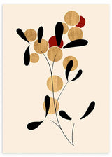Cuadro con composición botánica abstracta de círculos dorado arena, formas negras orgánicas, detalles rojos y fondo beige claro de estilo abstracto. Disponible en kudeko.com