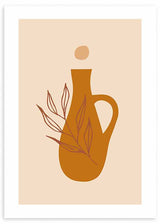 Cuadro de jarrón bohemio terracota con ramas de hojas finas, fondo beige cálido y composición minimalista de aire sereno. Disponible en kudeko.com