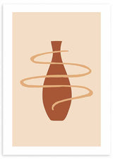 Cuadro con jarrón estilizado terracota sobre fondo beige, rodeado por línea ondulada arena de composición limpia y estilo minimalista. Disponible en kudeko.com