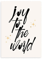 Wandbild mit dem Schriftzug Joy to the World in schwarzer Kalligrafie auf hellbeigem Hintergrund, goldenen Sternen und minimalistischem Typografie Stil. Erhältlich auf kudeko.com