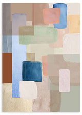 Gerahmtes Wandbild mit abstrakter Komposition aus überlagerten Blöcken in tiefem Blau, Salbeigrün, Altrosa, Beige, Creme und Braun, im klaren zeitgenössischen Stil. Erhältlich auf kudeko.com
