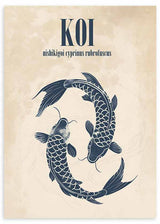 Cuadro con dos peces koi azul oscuro en composición circular, fondo beige texturizado y tipografía superior, de estilo ilustración. Disponible en kudeko.com