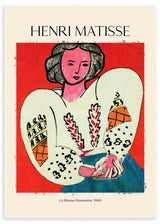 Wandbild inspiriert von Matisse La Blouse Roumaine, weibliche Figur, rote, grüne und blaue Töne, farbenfroher dekorativer Stil des 20. Jahrhunderts. Erhältlich auf kudeko.com