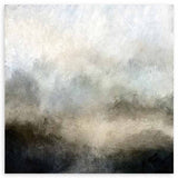 Quadratisches Wandbild mit abstrakter Seelandschaft im Nebel, hellem Himmel, weichen Schatten und Tönen in Grau, Beige, Off-White und gedecktem Blau, im abstrakten Stil. Erhältlich auf kudeko.com