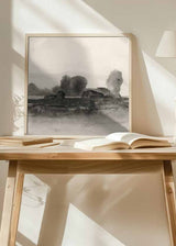 Tableau carré avec paysage abstrait d’arbres, formations rocheuses et horizon brumeux en noir, gris fumée et beige clair, dans un style abstrait épuré et apaisant. Disponible sur kudeko.com