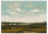 Cuadro horizontal de paisaje abierto con cielo azul verdoso, nubes claras, horizonte lejano y campos en tonos tierra y oliva, de estilo naturaleza y paisajes. Disponible en kudeko.com