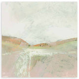 Tableau carré avec paysage abstrait de collines douces, bande lumineuse centrale, ciel clair, beige, rose poudré, crème et vert sauge, style nature et paysage épuré. Disponible sur kudeko.com