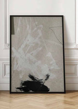 Cuadro abstracto con trazos blancos y negros sobre textura beige - kudeko.com