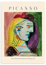 Quadro com retrato feminino cubista, boina vermelha, cabelo amarelo, rosto em tons azulados, fundo verde e rosa, estilo de ilustração com linhas marcadas e composição artística. Disponível em kudeko.com