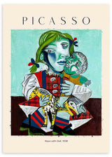 Tableau artistique inspiré de l’œuvre de Picasso représentant sa fille Maya jouant avec une poupée, créée en 1938 dans le style cubiste emblématique de Pablo Picasso. Disponible sur kudeko.com
