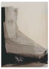 Quadro emoldurado abstrato com formas amplas em preto, bege, taupe e branco cru, num estilo contemporâneo sóbrio e equilibrado. Disponível em kudeko.com