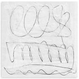Quadro quadrado com linhas pretas finas, formas curvas amplas, elementos ovais e fundo branco pérola, numa composição abstrata de estilo minimalista e contemporâneo. Disponível em kudeko.com