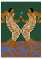 Cuadro de dos figuras femeninas simétricas con vestidos claros, fondo verde oscuro, suelo marrón y hojas azules, de estilo ilustración. Disponible en kudeko.com