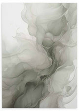 Cuadro con composición abstracta de formas fluidas, veladuras suaves y tonos gris perla, blanco roto y verde salvia, de estilo abstracto. Disponible en kudeko.com