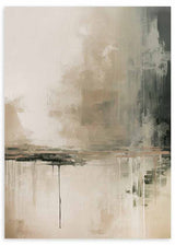 Quadro com composição abstrata em bege, marfim, cinzento fumo e preto suave, formas difusas, contrastes velados e estilo contemporâneo sereno para uma decoração de parede equilibrada. Disponível em kudeko.com