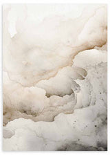 Quadro com composição abstrata de formas fluidas em bege, areia, cinza claro e taupe suave, com aparência etérea e estilo abstrato contemporâneo. Disponível em kudeko.com