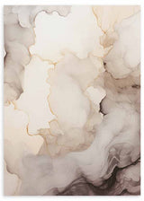 Quadro com composição abstrata de formas fluidas em creme, bege, areia e cinzento fumado, com apontamentos escuros e estilo abstrato depurado. Disponível em kudeko.com
