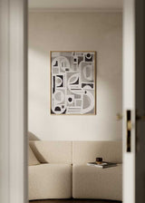 Cuadro con collage de formas geométricas en blanco, negro y gris, con arcos, círculos, semicírculos y bloques superpuestos de estilo abstracto. Disponible en kudeko.com