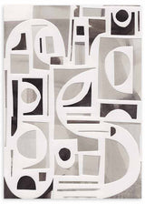 Cuadro con collage de formas geométricas en blanco, negro y gris, con arcos, círculos, semicírculos y bloques superpuestos de estilo abstracto. Disponible en kudeko.com