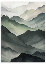 Wandbild mit verschwommenen Bergen im Nebel, mit Schichten in Salbeigrün, sanftem Grau, Elfenbein und Anthrazit, im Natur- und Landschaftsstil. Erhältlich auf kudeko.com