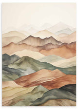 Wandbild mit übereinanderliegenden Bergen in Ocker, Terrakotta, Beige, Olivgrün und sanftem Grau, im Natur- und Landschaftsstil mit klarer Gestaltung. Erhältlich auf kudeko.com