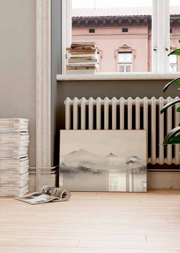 Cuadro horizontal de montañas entre niebla sobre lago tranquilo, en tonos gris, negro suave y blanco, de estilo naturaleza y paisajes. Disponible en kudeko.com