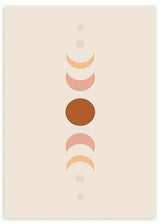 Wandbild mit Komposition aus Mondphasen in Kreisen und Halbmonden, cremefarbener Hintergrund, Terrakotta, Altrosa, Beige und Pfirsich, minimalistischer Stil. Erhältlich auf kudeko.com