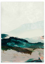 Cuadro de paisaje abstracto con montañas difusas, franjas en verde petróleo, turquesa, blanco roto y acentos oscuros, de estilo abstracto. Disponible en kudeko.com
