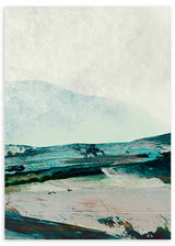Quadro emoldurado de montanhas abstratas com horizonte amplo, campos em verde petróleo, turquesa suave, branco sujo e contrastes escuros, num estilo abstrato sereno. Disponível em kudeko.com