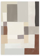 Wandbild mit geometrischer Komposition aus überlagerten Rechtecken in Beige, Grau, Off-White, Ziegelbraun und Schwarz, im klaren zeitgenössischen Stil gestaltet. Erhältlich auf kudeko.com