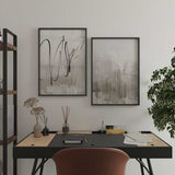 Abstraktes Wandbild mit überlagerten diffusen Formen in Beige, Taupegrau und Off-White sowie sanften vertikalen Tropfspuren im modernen, reduzierten Stil. Erhältlich auf kudeko.com