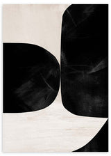 Quadro emoldurado abstrato com grandes formas orgânicas pretas sobre fundo bege claro, composição limpa em tons neutros e estilo contemporâneo. Disponível em kudeko.com