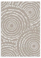 Cuadro con círculos concéntricos y formas curvas repetidas en blanco sobre fondo beige grisáceo, de estilo abstracto. Disponible en kudeko.com