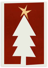Cuadro de árbol de Navidad blanco con estrella dorada sobre fondo rojo intenso, composición limpia de estilo minimalista. Disponible en kudeko.com