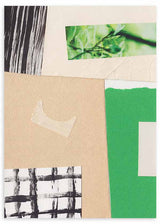 Wandbild mit abstrakter Komposition aus grünen, beigen, weißen und schwarzen Ausschnitten, Papiertexturen, unscharfem Pflanzenstreifen und grafischen Rasterdetails im zeitgenössischen abstrakten Stil. Erhältlich auf kudeko.com