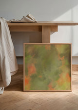Tableau carré avec composition abstraite de formes organiques en vert olive, sauge, beige et terracotta, au style abstrait doux et équilibré. Disponible sur kudeko.com