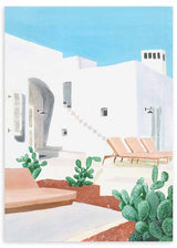 Quadro de arquitetura mediterrânica com casas brancas, céu azul, espreguiçadeiras bege, cactos verdes em primeiro plano e estilo natural de paisagem serena. Disponível em kudeko.com
