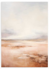 Cuadro de paisaje abstracto con horizonte difuso, suelo etéreo, tonos arena, terracota, blanco roto y grises suaves, de estilo abstracto. Disponible en kudeko.com