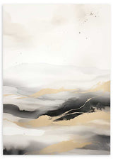 Tableau avec paysage abstrait de montagnes diffuses dans la brume, en beige, blanc cassé, gris fumée, noir et touches dorées, dans un style abstrait apaisé. Disponible sur kudeko.com
