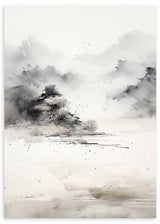 Tableau avec paysage abstrait de montagnes brumeuses, arbres sombres, rive paisible, tons gris, noir et beige clair, dans un style épuré et contemporain. Disponible sur kudeko.com