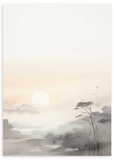 Cuadro de paisaje con amanecer brumoso, sol tenue, montañas suaves, agua tranquila, árboles delicados en gris, beige y crema, de estilo naturaleza y paisajes. Disponible en kudeko.com