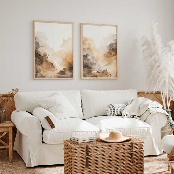 Ensemble de deux tableaux avec paysage de boisement diffus dans la brume, tons beige, sable, brun et gris fumée, style nature et paysage pour décoration murale. Disponible sur kudeko.com