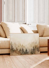 Cuadro horizontal con bosque de pinos entre bruma, tonos beige, marrón, gris y negro, composición etérea de estilo naturaleza y paisajes. Disponible en kudeko.com