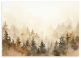 Cuadro horizontal con bosque de pinos entre bruma, tonos beige, marrón, gris y negro, composición etérea de estilo naturaleza y paisajes. Disponible en kudeko.com