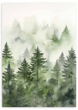 Wandbild mit einem Nadelwald im Nebel, in sanften Grüntönen, hellem Grau und gebrochenem Weiß, im Natur- und Landschaftsstil gestaltet. Erhältlich auf kudeko.com