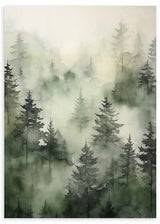 Gerahmtes Wandbild mit einem Kiefernwald im Nebel, mit überlagerten Baumschichten in Salbeigrün, sanftem Grau und hellem Beige, im Stil Natur und Landschaft. Erhältlich auf kudeko.com