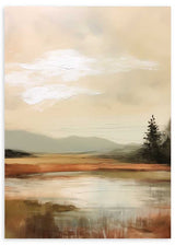 Tableau de paysage avec lac paisible au premier plan, montagnes estompées, ciel beige lumineux, arbres sombres, palette crème sable brun et gris vert, style nature contemporain. Disponible sur kudeko.com