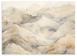 Cuadro horizontal de montañas difusas entre niebla, con capas suaves en beige, arena, gris humo y marfil, de estilo naturaleza y paisajes. Disponible en kudeko.com